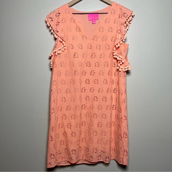 Lilly Pulitzer Women Dress Small Pink Eyelet Tassel Astara Peach Flamingo Palm - Picture 2 of 10